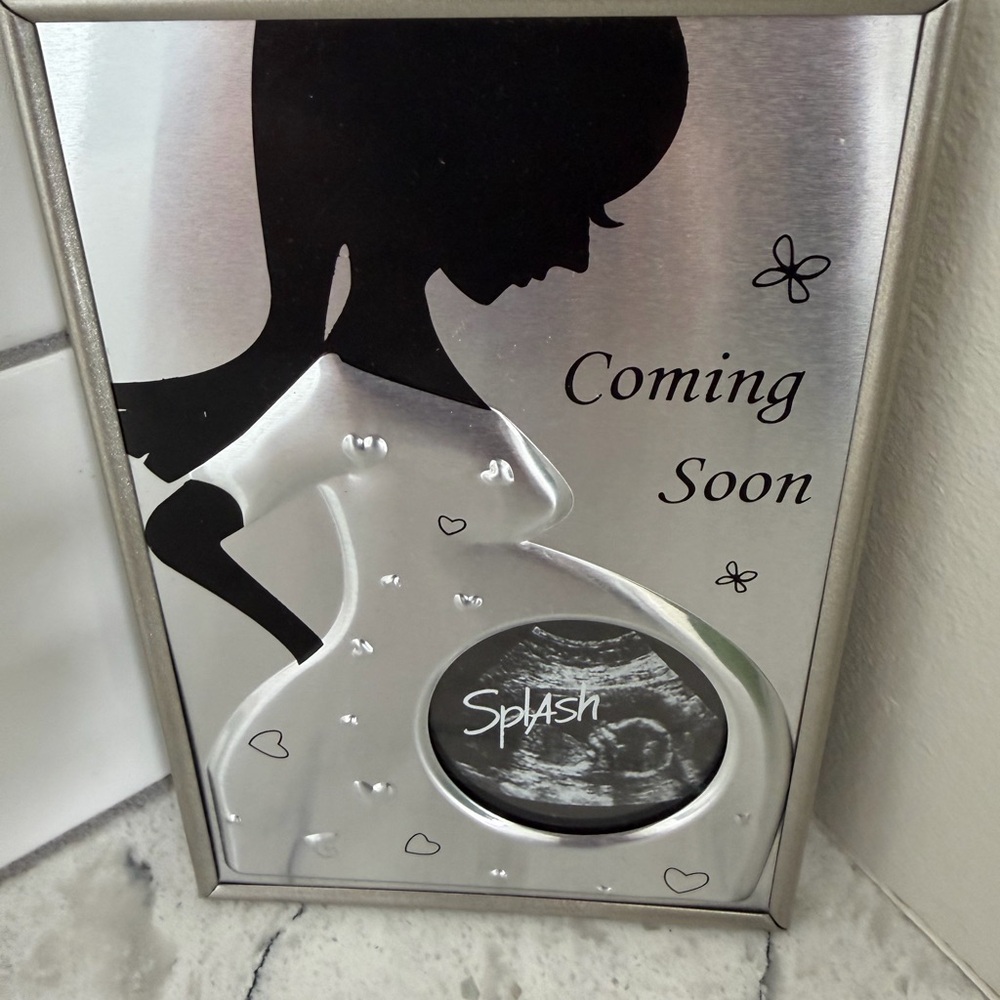 brand new “Baby to be“ picture frame -Bryshed metal look.Hold ultrasound pix.